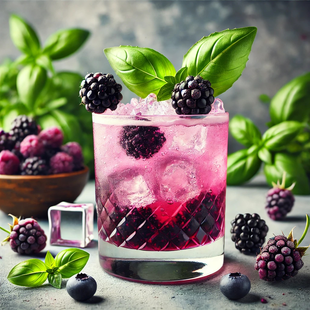 Blackberry Basil Gin-Smash mit Brombeeren und Basilikum im Glas